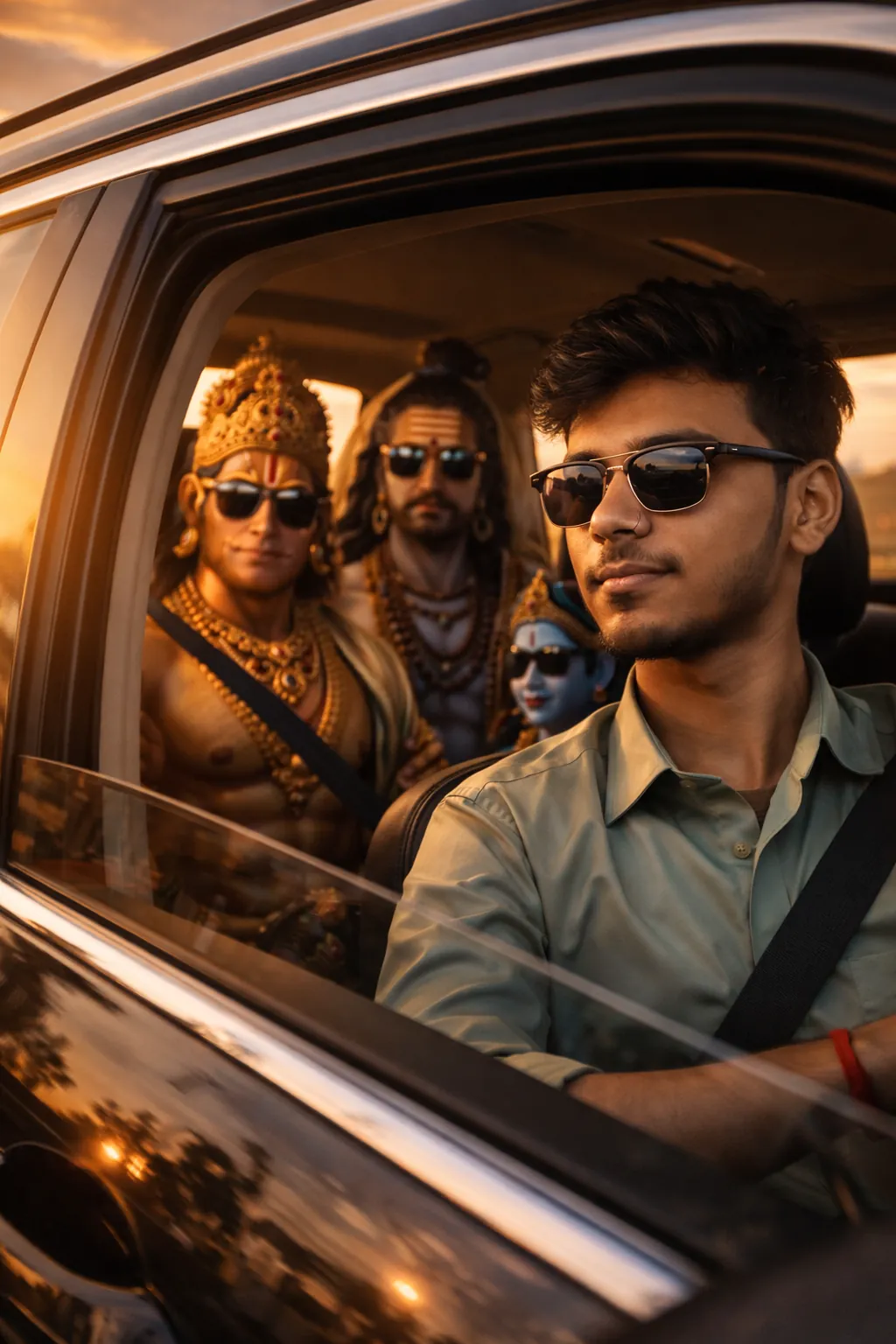 Cinematic portrait of a man in luxury SUV at sunset  Divine cinematic scene with Hanuman Shiv and Krishna  Modern faith themed cinematic photography